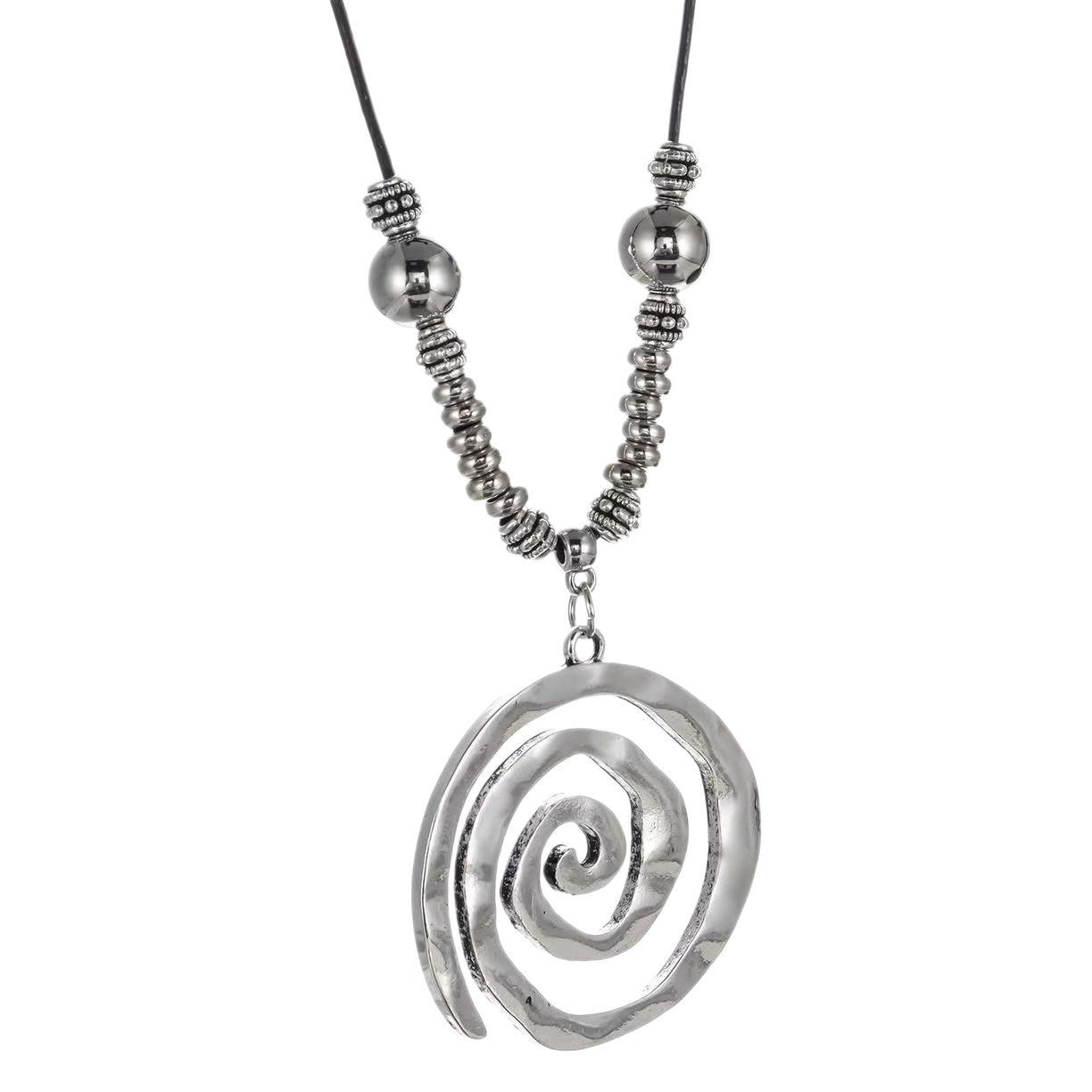 Whirlwind Leather Cord Necklace Artistic Vintage Alloy All-Match Silver Pendant