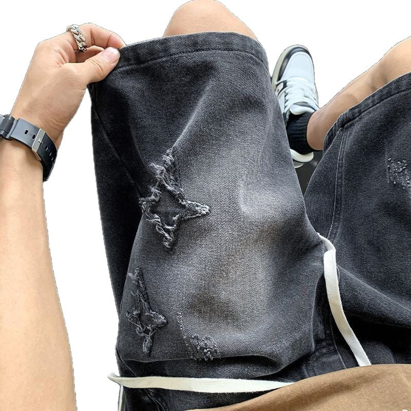 Men's Light-Colored Star-Print Raw-Hem Drawstring Cropped Denim Shorts
