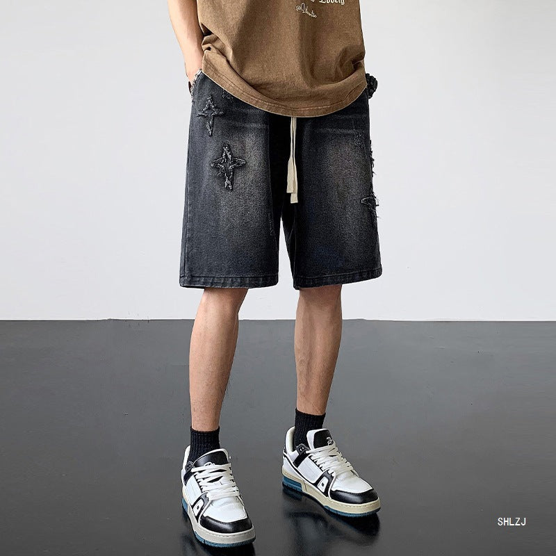 Men's Light-Colored Star-Print Raw-Hem Drawstring Cropped Denim Shorts