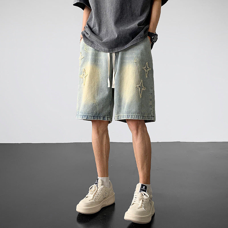 Men's Light-Colored Star-Print Raw-Hem Drawstring Cropped Denim Shorts